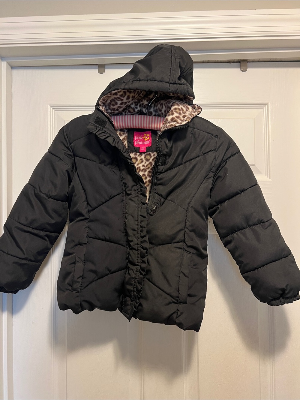 Pink Platinum Black Puffer Jacket with Leopard Trim